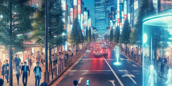 东京夜生活中的窥视应用，街景与人物互动。